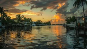 Scenic view of a calm waterway in Port Saint Lucie at sunset, featuring reflections of colorful clouds and palm trees, highlighting the area's appeal for potential homebuyers considering FHA loans.